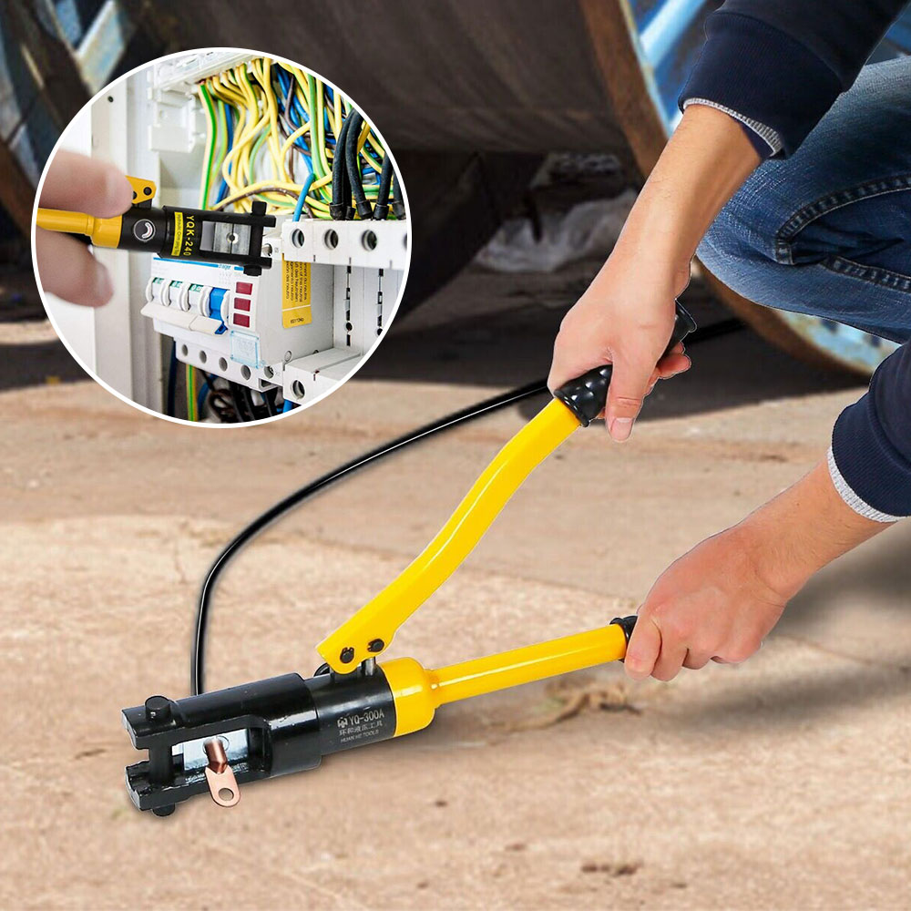 An electrician using a hydraulic crimping tool to create a secure electrical connection with a large-gauge cable.