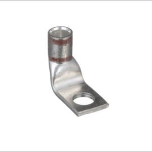 Close-up of a 2-38FW 90-degree angled compression lug, made from high-conductivity T2 copper, for connecting a 2 AWG cable to a 3/8" stud.