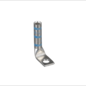 6 AWG 90-degree angled compression lug with T2 copper construction, #8 stud hole, long barrel, and blue color coding for electrical identification.