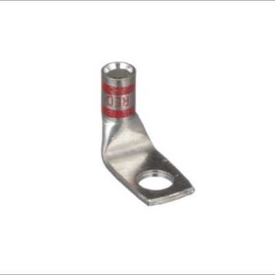 8 AWG 90-degree angled compression lug with T2 copper construction, 1/4" stud hole, standard barrel, and red color coding for electrical identification.