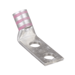 Heavy duty 1/0 AWG 45-degree angled ring terminal made from T2 copper with two mounting holes, 3/8" bolt hole, and pink insulation.