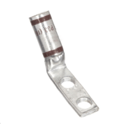 45-degree angled compression lug made from T2 copper with two mounting holes, 3/8" stud connection, 1-inch hole spacing, and black insulation coding.