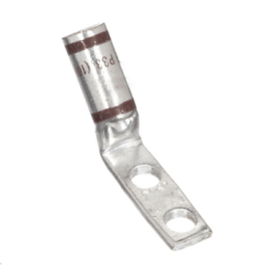 45-degree angled compression lug made from T2 copper with two mounting holes, 3/8" stud connection, 1-inch hole spacing, and black insulation coding.