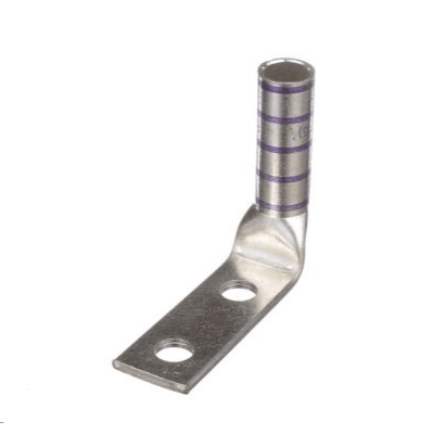 D4/0-1401HW 90-degree long barrel compression lug for 4/0 AWG cable, made from T2 copper with two 1/4" stud holes at 1-inch spacing and purple insulation.