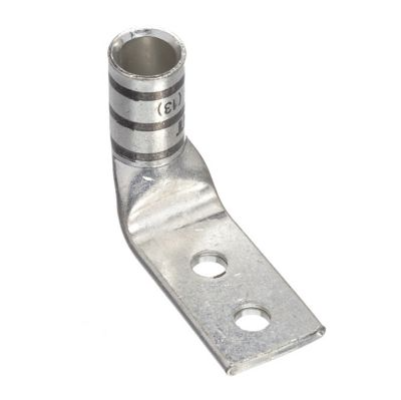 D2/0-1434FW 90-degree compression lug for 2/0 AWG cable, made from T2 copper with two 1/4" stud holes at 3/4" center spacing and black insulation.