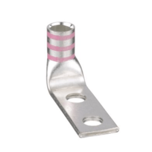 D1/0-1434FW 90-degree compression lug for 1/0 AWG cable, made from T2 copper with two 1/4" stud holes at 3/4" center spacing and pink die insulation.