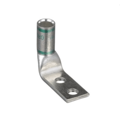 1 AWG 90-degree compression lug made from T2 copper with two 1/4" stud holes at 3/4" center spacing and green insulation coding.