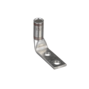 D2-1434FW 90-degree compression lug for 2 AWG cable, manufactured from T2 copper with dual 1/4" stud holes at 3/4" center spacing and brown insulation coding.
