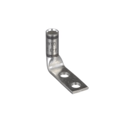UL certified D4-1401FW compression terminal for 4 AWG wire, made from T2 copper with two 1/4" bolt holes at 1.0" center spacing.