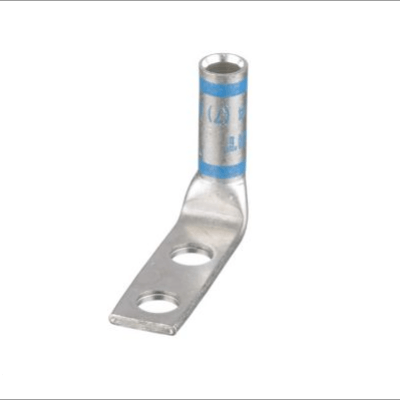 D6-1434FW 90-degree compression lug for 6 AWG cable, manufactured from T2 copper with dual 1/4" stud holes at 3/4" center spacing and blue die code insulation.