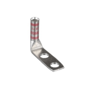 DL8-1458F/W UL certified compression terminal for 8 AWG wire, made from T2 copper with long barrel, dual 1/4" bolt holes at 5/8" spacing and red insulation.