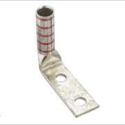 DL350-1243FW 90-degree heavy duty compression lug for 350 kcmil cable, manufactured from T2 copper with long barrel design, dual 1/2" stud holes at 1-3/4" spacing.