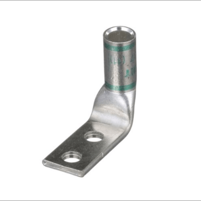 DL600-3801FW 90-degree heavy duty compression lug for 600 kcmil cable, manufactured from T2 copper with long barrel and dual 3/8" stud holes at 1-inch spacing.