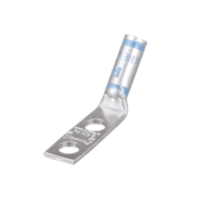 D6-1458H/W 45-degree compression lug made from tin-plated T2 copper with two 1/4" stud holes at 5/8" center spacing and blue die insulation.