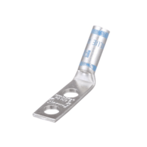 D6-1458H/W 45-degree compression lug made from tin-plated T2 copper with two 1/4" stud holes at 5/8" center spacing and blue die insulation.