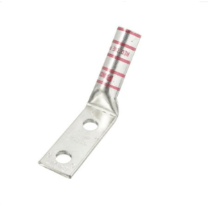 D8-1434HW long barrel compression lug for 8 AWG cable, made from T2 copper with two 1/4" stud holes at 5/8" center spacing and red die code insulation.