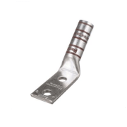 DL500-3801H/W 500 kcmil compression terminal with 45-degree angle, made from T2 copper with two 3/8" stud holes at 1-inch spacing and brown insulation coding.