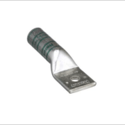 1 AWG straight compression lug made from T2 copper with long barrel design, 1/2" stud hole and green color coding.
