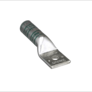 1 AWG straight compression lug made from T2 copper with long barrel design, 1/2" stud hole and green color coding.