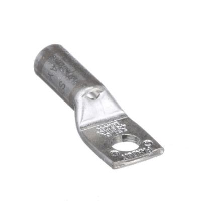 L4-14/W 4 AWG straight compression terminal with tin-plated T2 copper construction, long barrel design, 1/4" stud hole and gray color coding.