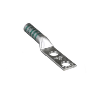 DL1-1458/W 1 AWG compression terminal with standard tongue design, made from T2 copper with dual 1/4" stud holes at 5/8" spacing and green insulation.