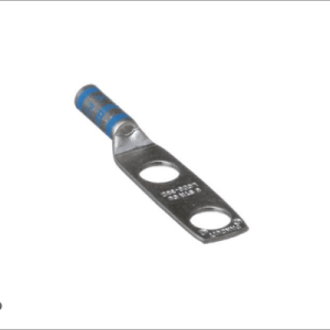 D6-1058W 6 AWG compression lug with dual #10 stud holes at 5/8" spacing, made from T2 copper with blue color coding.