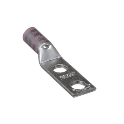D1/0-5678W 1/0 AWG compression lug with dual 5/16" stud holes at 7/8" spacing, made from high-conductivity T2 copper with pink color coding.