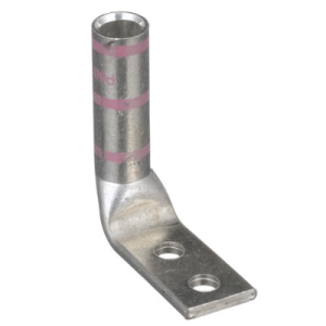 DL1/0-1458FW 90-degree angled compression lug for 1/0 AWG cables, made from T2 copper with dual 1/4" stud holes at 5/8" spacing, long barrel design and pink color coding.