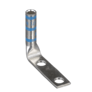 DL6-1401FW 90-degree compression terminal for 6 AWG cables, made from T2 copper with long barrel design, dual 1/4" stud holes at 1-inch spacing and blue color coding.