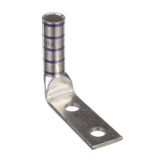 DL4/0-1243FW 90-degree heavy duty compression terminal for 4/0 AWG cables, made from T2 copper with long barrel design, dual 1/2" stud holes at 1-3/4" spacing and purple color coding.