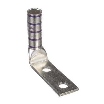 DL4/0-1243FW 90-degree heavy duty compression terminal for 4/0 AWG cables, made from T2 copper with long barrel design, dual 1/2" stud holes at 1-3/4" spacing and purple color coding.