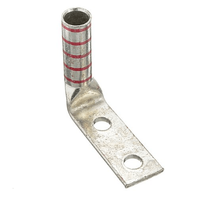 350 kcmil 90-degree heavy duty compression terminal made from T2 copper with long barrel design, dual 1/2" stud holes at 1-3/4" spacing and red color coding.