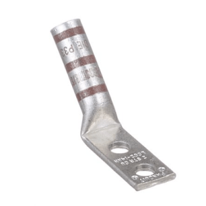 DL2-1458HW 45-degree elbow compression lug for 2 AWG cables, made from T2 copper with long barrel design and dual 1/4" bolt holes at 5/8" spacing.