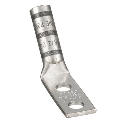 DL4-1058HW 45-degree compression lug for 4 AWG cables, made from T2 copper with long barrel design, dual #10 stud holes at 5/8" spacing and gray die coding.