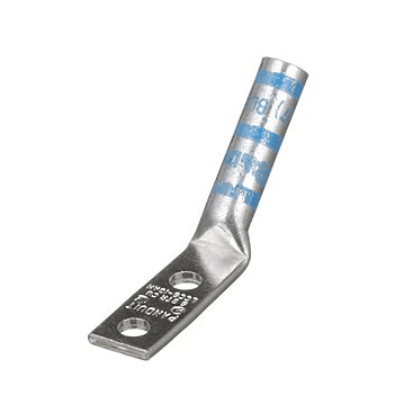 DL6-1036HW 45-degree compression lug for 6 AWG cables, made from T2 copper with long barrel design, dual #10 stud holes at 3/4" spacing and blue die coding.