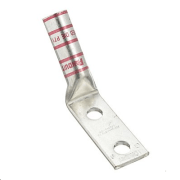DL8-3801HW 45-degree compression lug for 8 AWG cables, manufactured from T2 copper with long barrel design and dual 3/8" stud holes at 1" spacing.