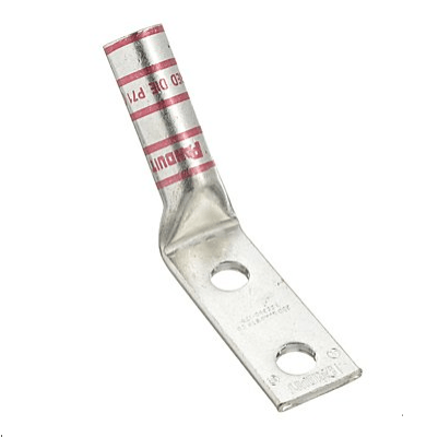 DL8-3801HW 45-degree compression lug for 8 AWG cables, manufactured from T2 copper with long barrel design and dual 3/8" stud holes at 1" spacing.