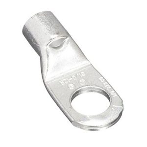 1/0 AWG tubular ring compression lug made from tin-plated T2 copper with 1/2" stud hole, inspection window, short barrel design and pink color coding.