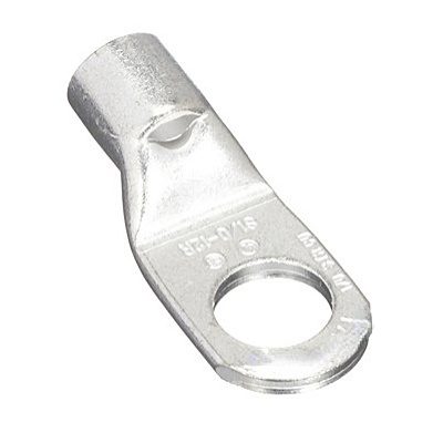 1/0 AWG tubular ring compression lug made from tin-plated T2 copper with 1/2" stud hole, inspection window, short barrel design and pink color coding.