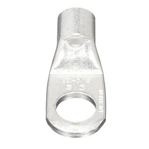 1/0 AWG tubular ring compression lug made from tin-plated T2 copper with 1/2" stud hole, inspection window, short barrel design and pink color coding.