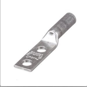 4 AWG compression lug made from T2 copper with long barrel design, dual 1/4" stud holes at 3/4" spacing, straight tongue and gray die coding.