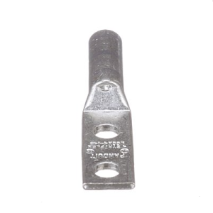 4 AWG compression lug made from T2 copper with long barrel design, dual 1/4" stud holes at 3/4" spacing, straight tongue and gray die coding.