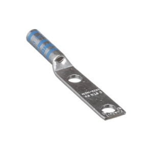 6 AWG compression lug made from T2 copper with long barrel design, dual 1/4" stud holes at 1-1/4" spacing, straight tongue and blue die coding.