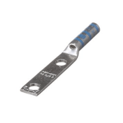 6 AWG compression lug made from T2 copper with long barrel design, dual 1/4" stud holes at 1-1/4" spacing, straight tongue and blue die coding.
