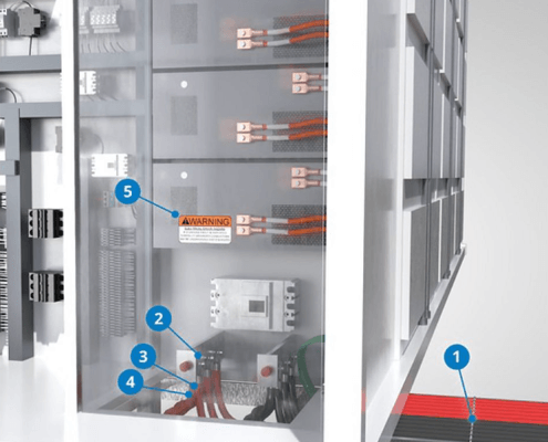 High-current power cable management in a utility-scale Battery Energy Storage System (BESS) rack, showcasing heavy-duty cold-forged copper terminal lugs.