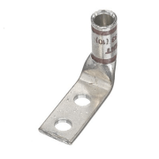 Front side view of D2-1401FW 2 AWG copper compression lug showing 90 degree bent tongue and dual 1/4 inch mounting holes.