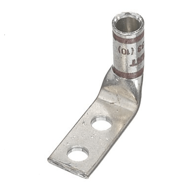 Front side view of D2-1401FW 2 AWG copper compression lug showing 90 degree bent tongue and dual 1/4 inch mounting holes.