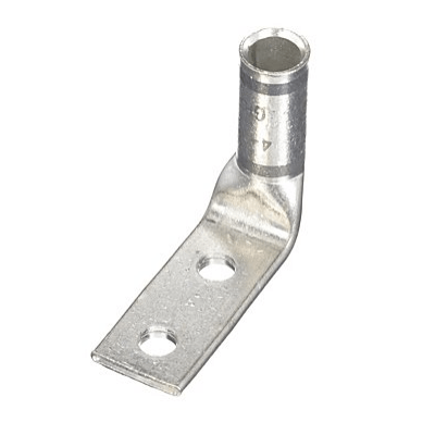 Front view of 4 AWG copper compression lug D4-1058FW showing 90 degree bent tongue and two #10 mounting holes.